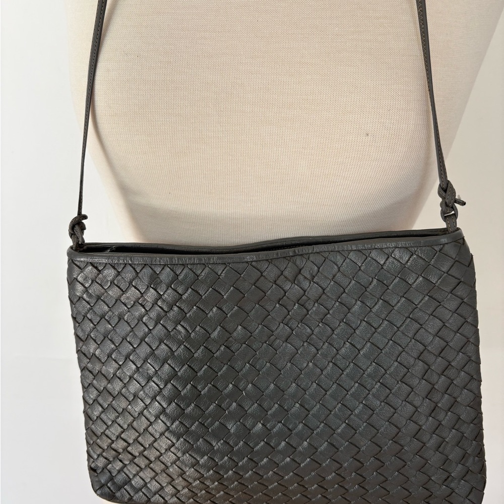 Meyers USA Woven Leather Shoulder Bag Gray Intrecciato Style Crossbody - Picture 4 of 8